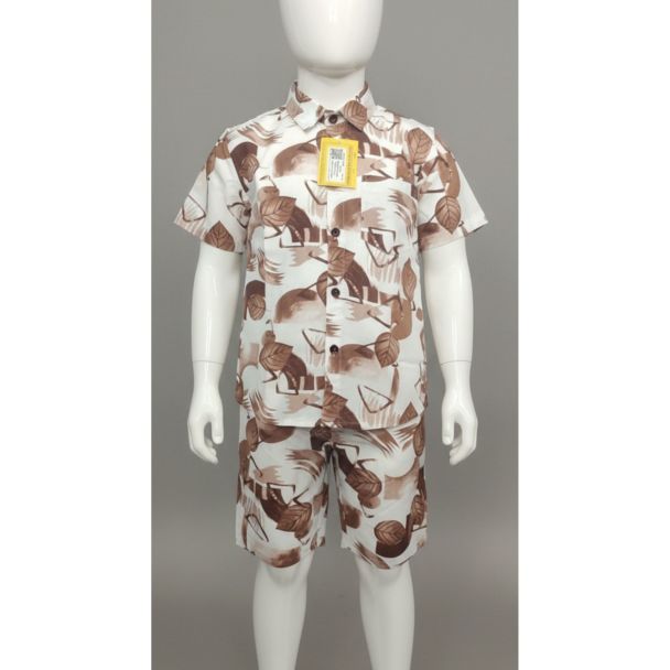 Boys white and brown abstract print cotton short sleeve shirt and matching shorts set on a mannequin.