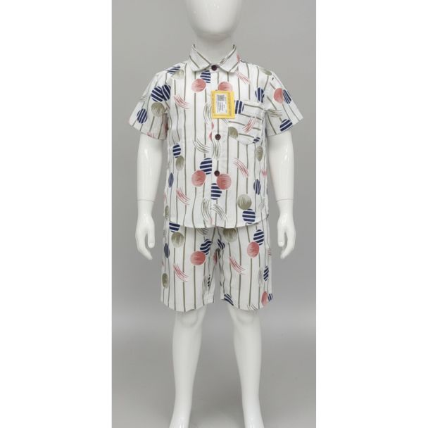 White base short sleeve shirt and shorts set for boys with stripes and multi-color abstract print