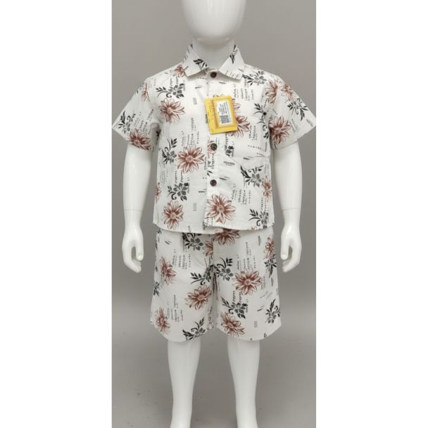 White and brown floral print cotton shirt and shorts set on a child mannequin