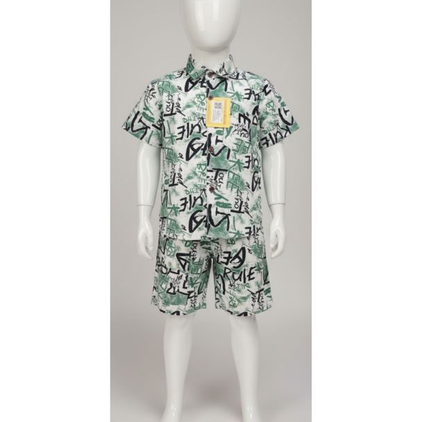 Boys green graphic print shirt & shorts cotton set - Gangavathi Exports