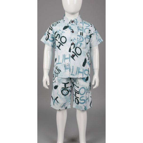 Boys' light blue graffiti print cotton shirt and shorts set - comfortable and stylish outfit