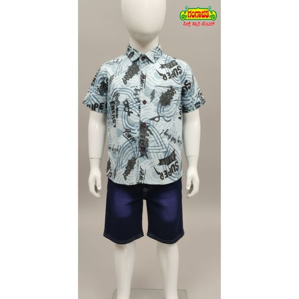 Boys' Light Blue Printed Cotton Shirt & Denim Shorts set - Gangavathi Exports