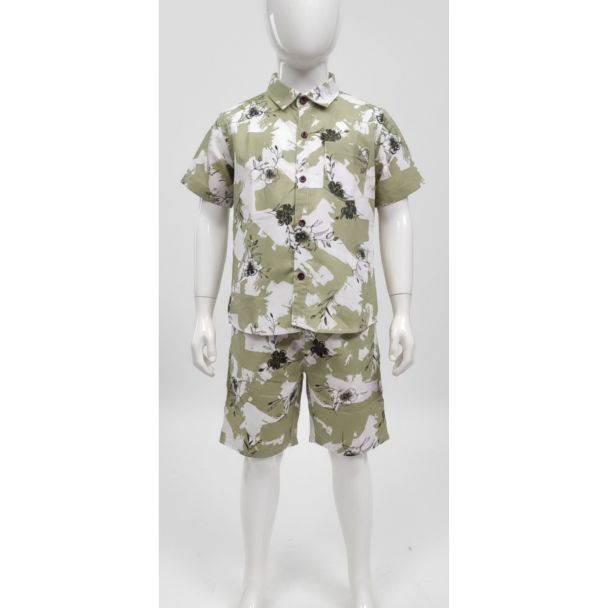 Boys Sage Floral Cotton Shirt and Shorts Set - Gangavathi Exports