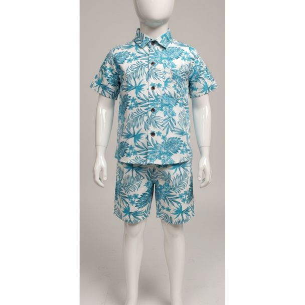 Boys' teal and white tropical print short sleeve shirt and shorts set - Gangavathi Exports
