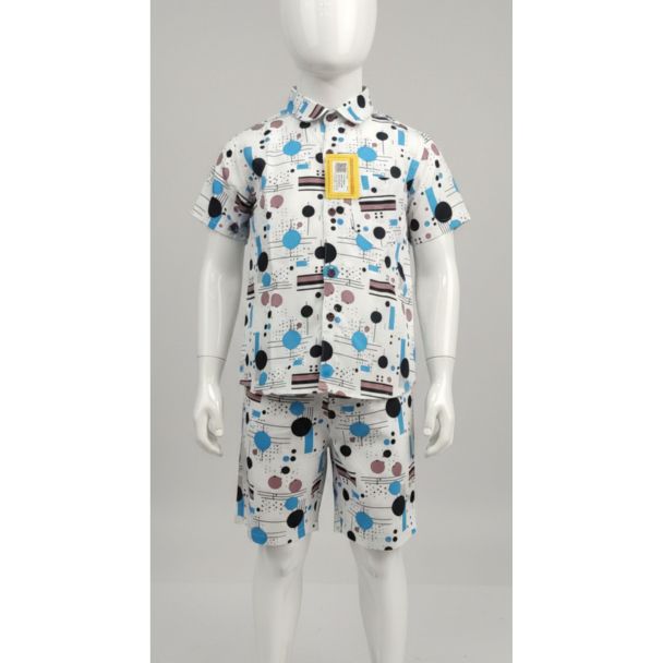 White abstract geometric print co-ord set for boys with half sleeve shirt and matching shorts - Gangavathi Exports