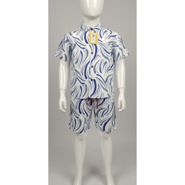 Young boys white and blue abstract print short sleeve shirt and matching shorts set on mannequin