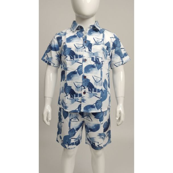 Boys short sleeve collared shirt and matching shorts set with white and indigo abstract print
