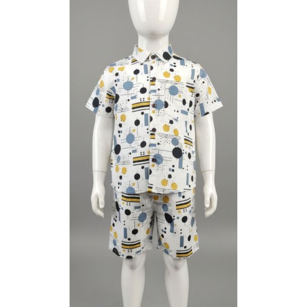 Boys' White Geometric Print Cotton Shirt & Shorts Set - Gangavathi Exports