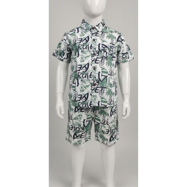 Boys' White Printed Cotton Shirt and Shorts Set - Gangavathi Exports