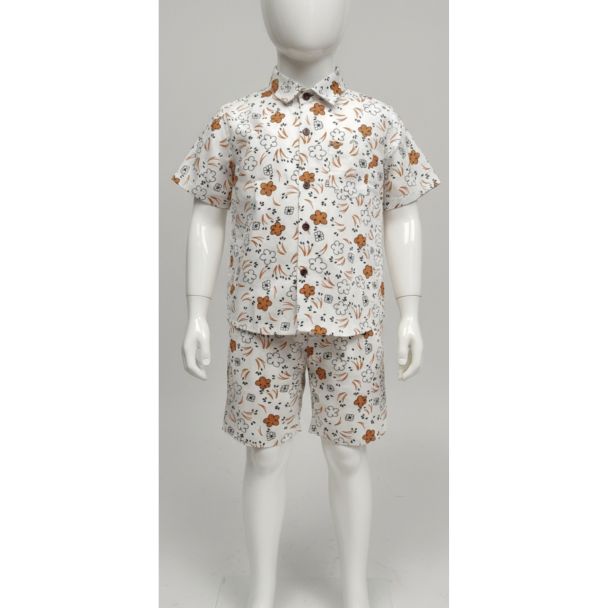 Boys white cotton shirt and shorts set with orange and blue novelty floral print - Budget-friendly