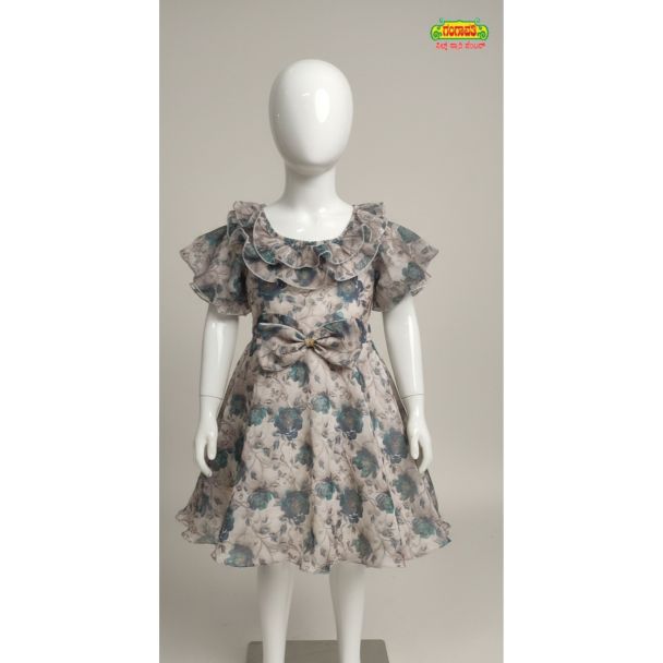 Floral print chiffon frock with ruffled sleeves and neckline