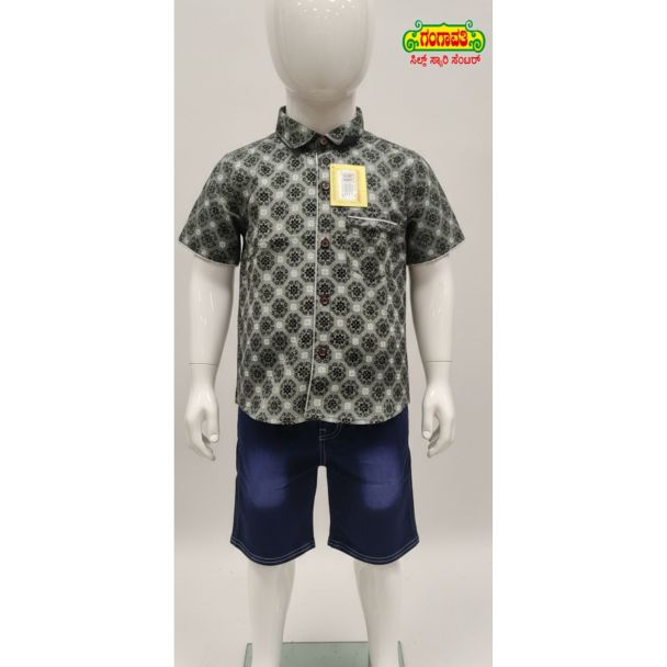 Gangavathi Kids' Geometric Print Cotton Shirt and Denim Shorts set
