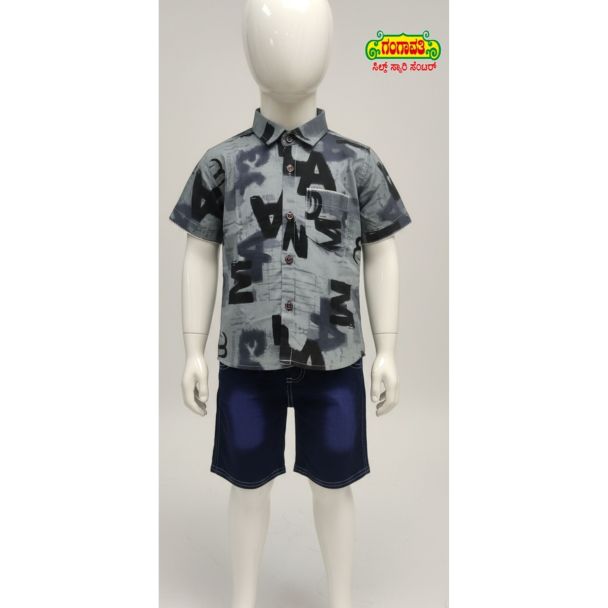 Grey text print short sleeve shirt and dark blue shorts kids set from Gangavathi Exports