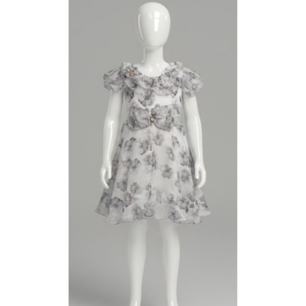 Girls white and grey floral organza dress with ruffle neckline and bow detail