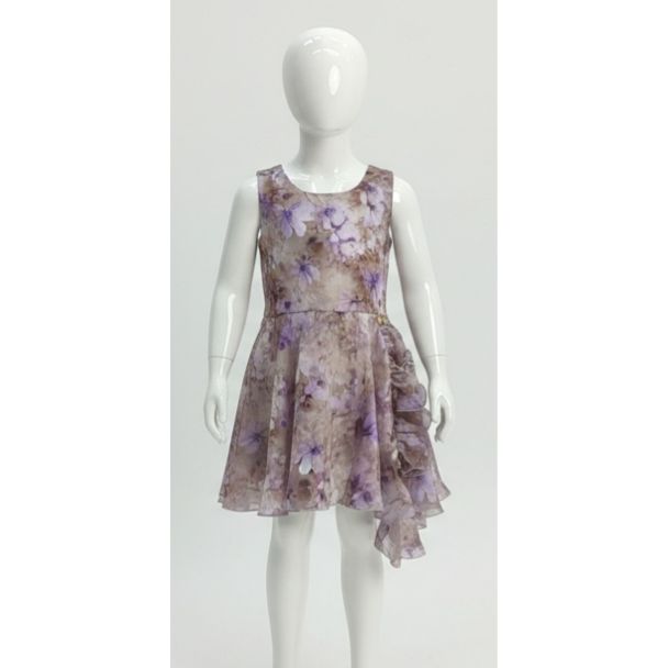 Child's sleeveless fit and flare dress with purple floral print and side ruffle, India