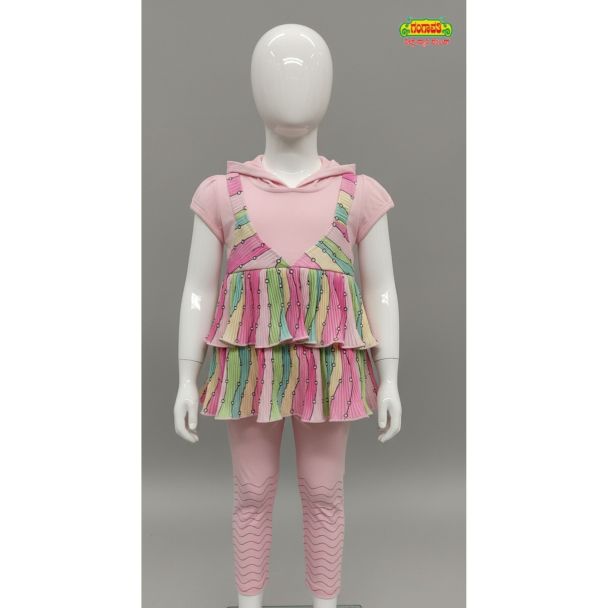 Mannequin wearing a light pink hooded t-shirt layered under a multi-colored vertical striped tiered tunic top and pink chevron leggings in India