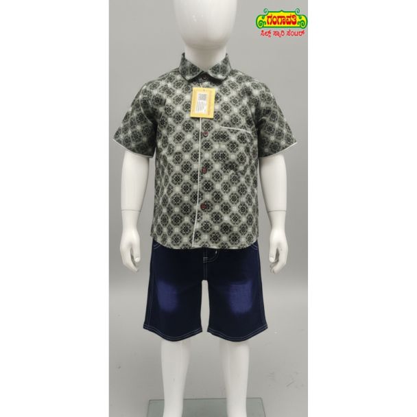 Gomes printed cotton shirt and navy denim shorts set for kids - Casual wear