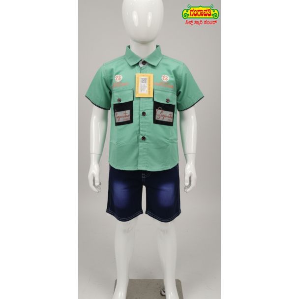 Green cotton shirt and blue denim shorts set for boys