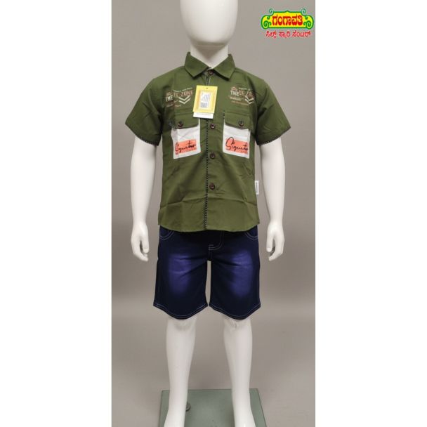 Green cotton shirt and denim shorts set for boys by GOMMAS - casual wear
