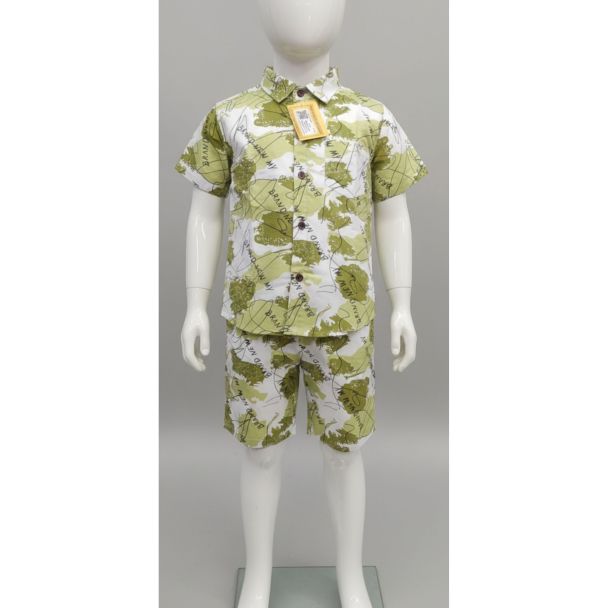 Green and white printed cotton short sleeve shirt and shorts set for kids - Gangavathi Exports