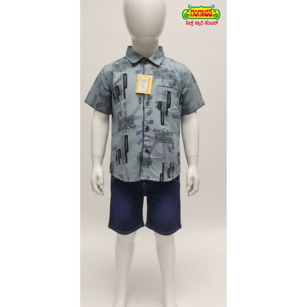 Boys' grey abstract print short sleeve cotton shirt