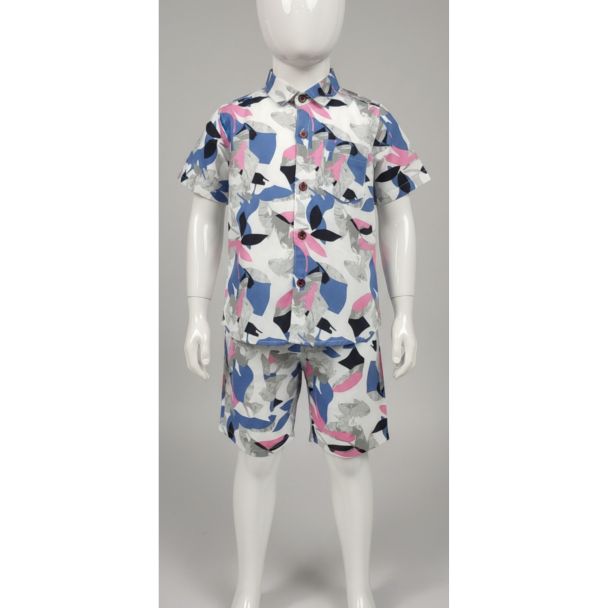 White base short sleeve shirt and shorts set for kids with blue, pink, and grey abstract print
