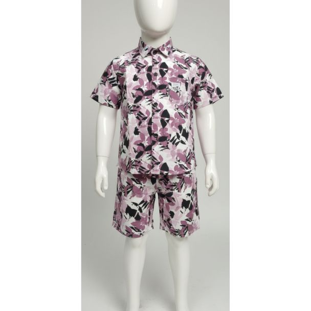 White mannequin wearing a kids two-piece set: collared short sleeve shirt and matching shorts in mauve, black, and white abstract print.