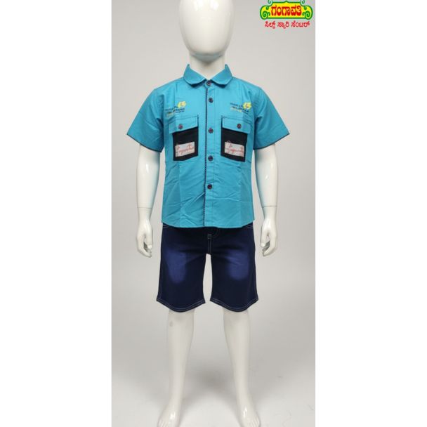 Aqua blue kids shirt with denim shorts, perfect for summer casual wear - Gangavathi Exports