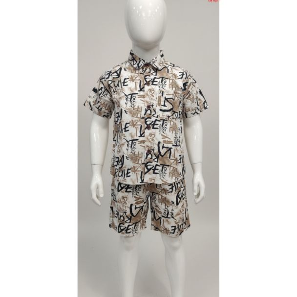 Kids beige and brown printed cotton shirt and shorts set - Gangavathi Exports