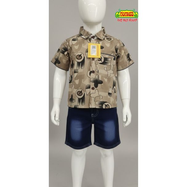 Kids Beige Printed Shirt & Navy Denim Shorts Set - Casual Wear - Gangavathi Exports