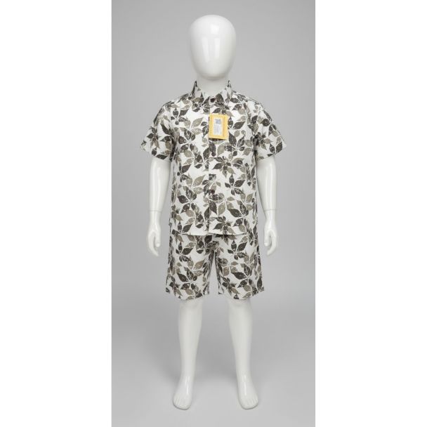 Kids beige cotton shirt and shorts set with leaf print - Gangavathi Exports