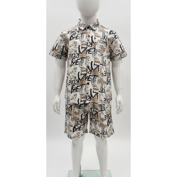 Kids beige print cotton shirt and shorts set - comfortable and stylish.