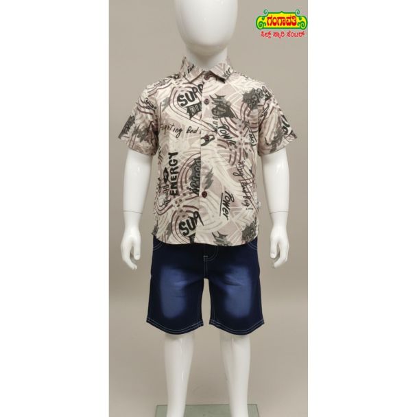 Kids beige printed shirt with navy denim shorts set - Gangavathi Exports