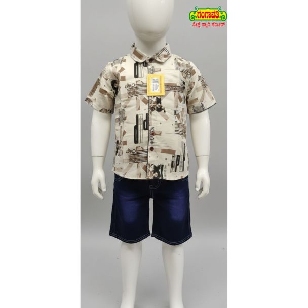 Kids Beige Printed Cotton Shirt and Navy Denim Shorts Set - Gangavathi Exports