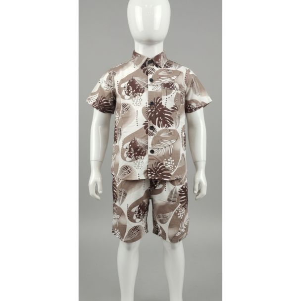 Kids' beige tropical print cotton shirt and shorts set
