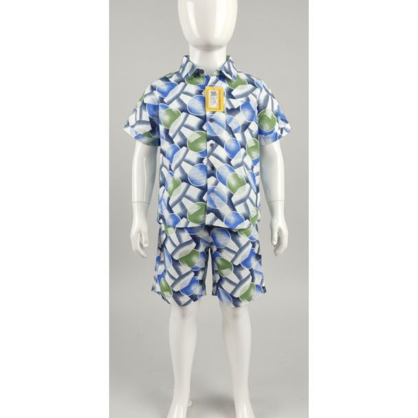 Kids blue abstract print cotton shirt and shorts set - Gangavathi Exports