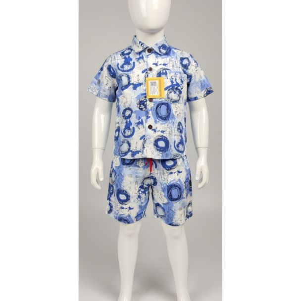 Kids' Blue and White Abstract Print Cotton Shirt & Shorts Set - casual summer wear - Gangavathi Exports