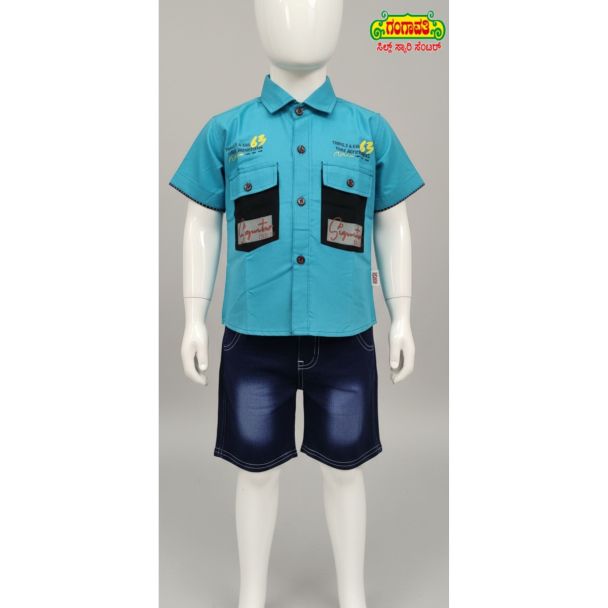Blue cotton shirt and denim shorts set for kids - Rangaas