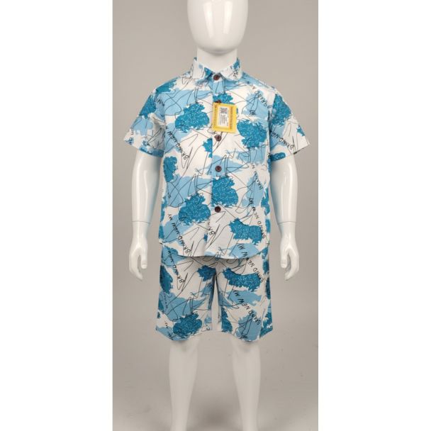 White background image of a child mannequin wearing a blue and white tropical print short sleeve button-down shirt and matching shorts.