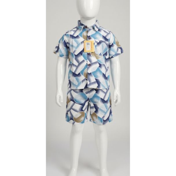 Kids blue and white geometric cotton shirt and shorts set