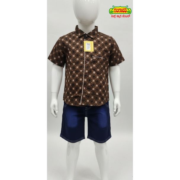 Kid's brown diamond pattern cotton shirt and dark blue denim shorts set - Casual wear