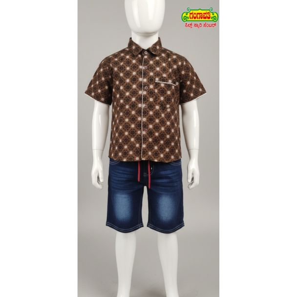 Kids brown geometric print cotton shirt and denim shorts set
