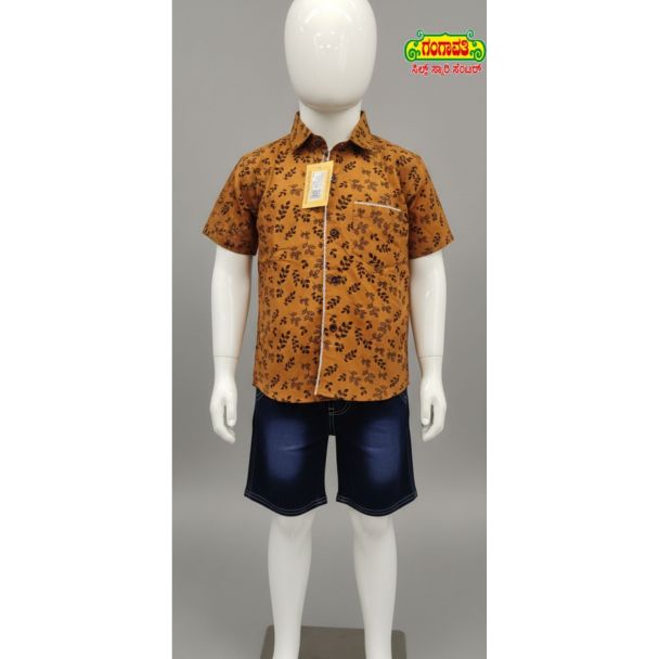 Kids' brown leaf print shirt set 3/4 sleeve - Gangavathi Exports