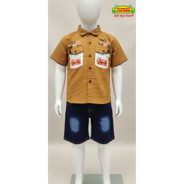 Kids' Brown Shirt & Blue Denim Shorts Set - Casual Outfit - Gangavathi Exports