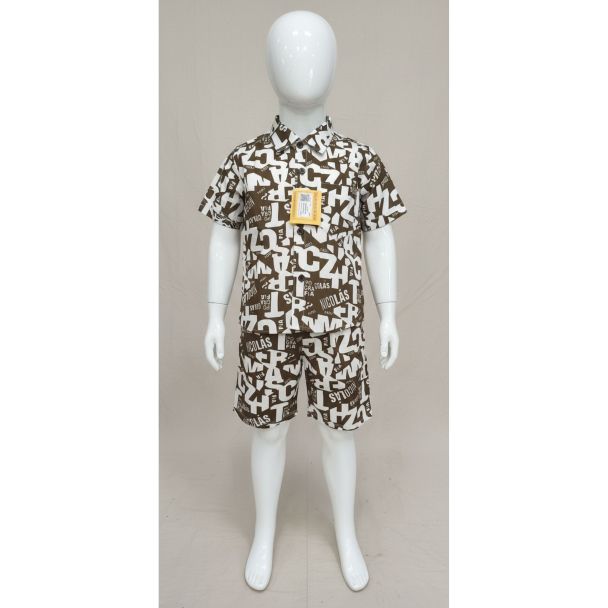 Kids' brown and white printed cotton shirt and shorts set - Gangavathi Exports