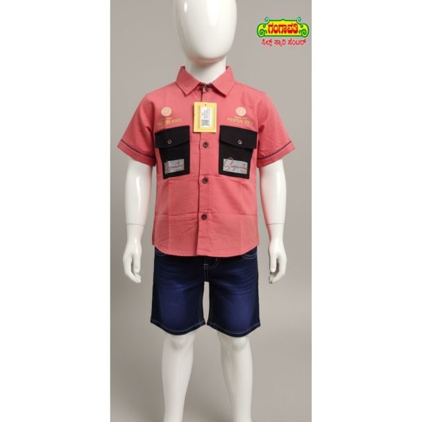 Kids Coral Pink Shirt with Black Accents and Denim Shorts - Casual Wear