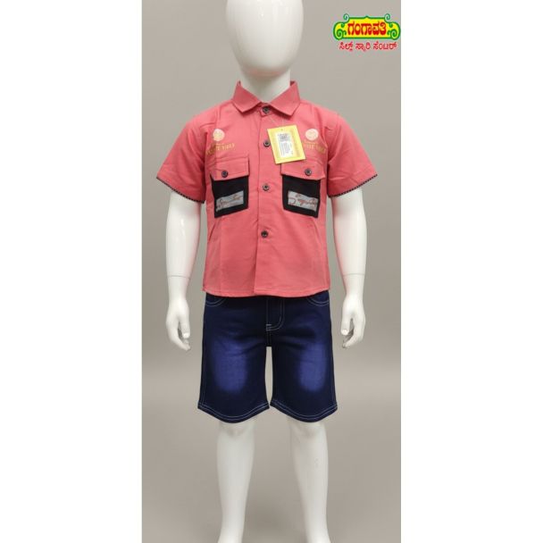 Kids coral pink shirt shorts set, short sleeve with collared neckline - Gangavathi Exports