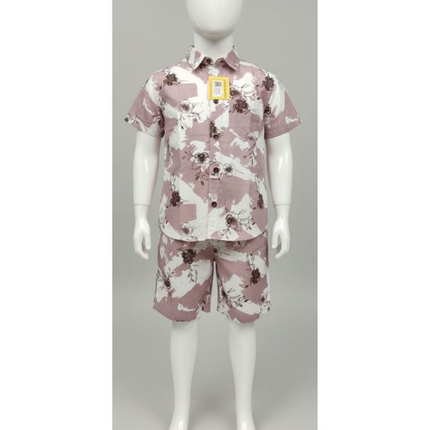 Dusty rose floral printed cotton shirt and shorts set for kids - Gangavathi Exports