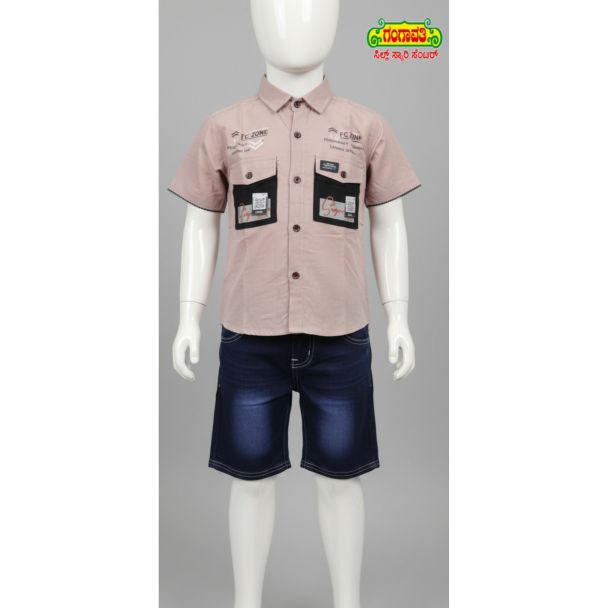 Kid's Dusty Rose Short Sleeve Shirt with Denim Shorts Set - Gangavathi Exports