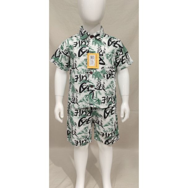 White, green, and black graffiti print cotton shirt and shorts set for kids on a mannequin